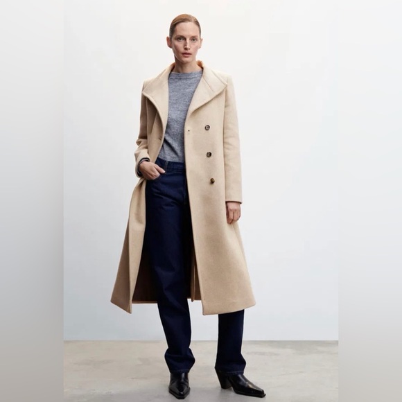 Mango Menteco Wool Blend Double Breasted Tailored Classic Tan Belted Coat - Picture 3 of 11